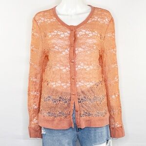 SAGA Orange Lace Cardigan Top Size 3 M Button Up Casual Boho Lagenlook